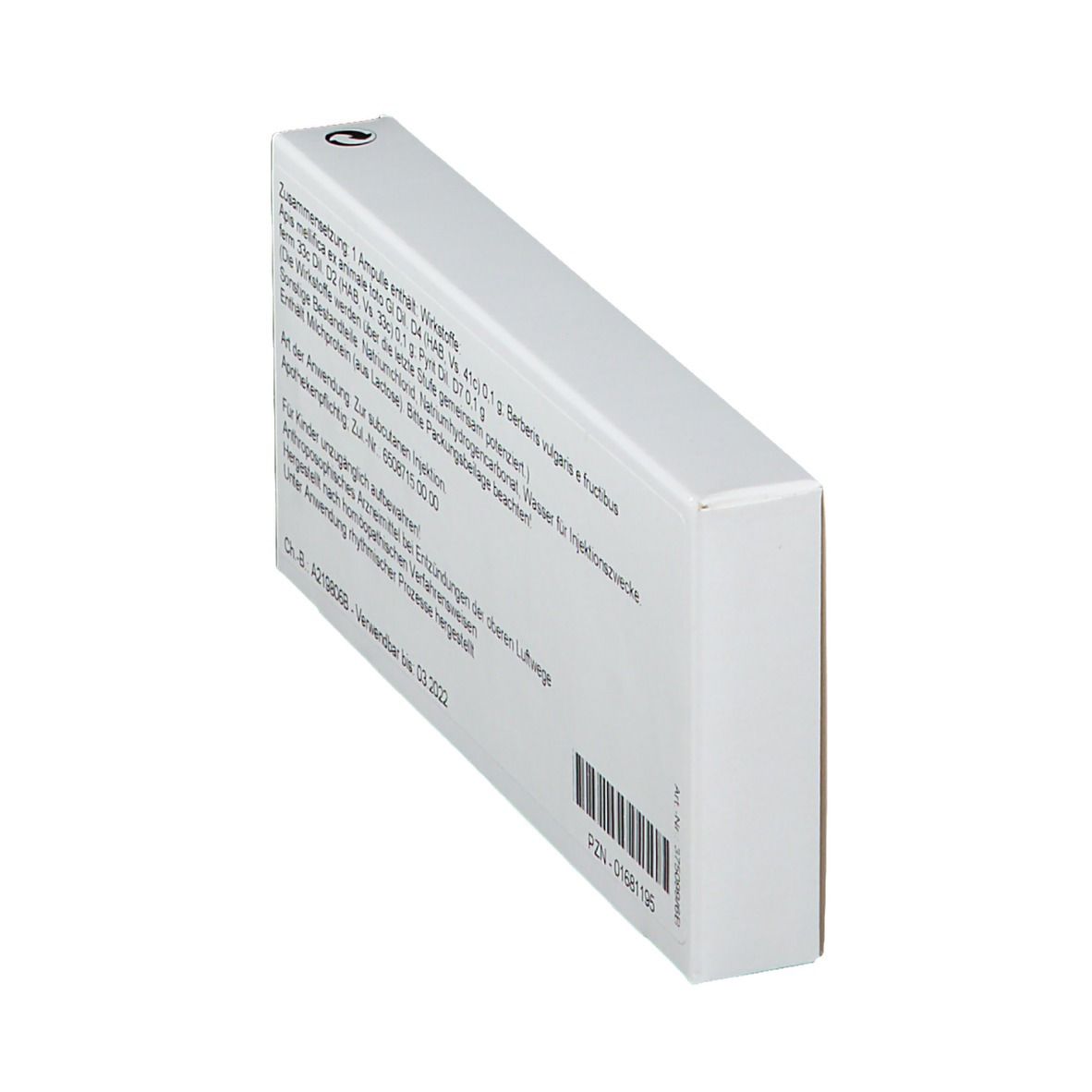 Rückseite der weißen Schachtel. Text und Barcode. Perspektivische Ansicht.