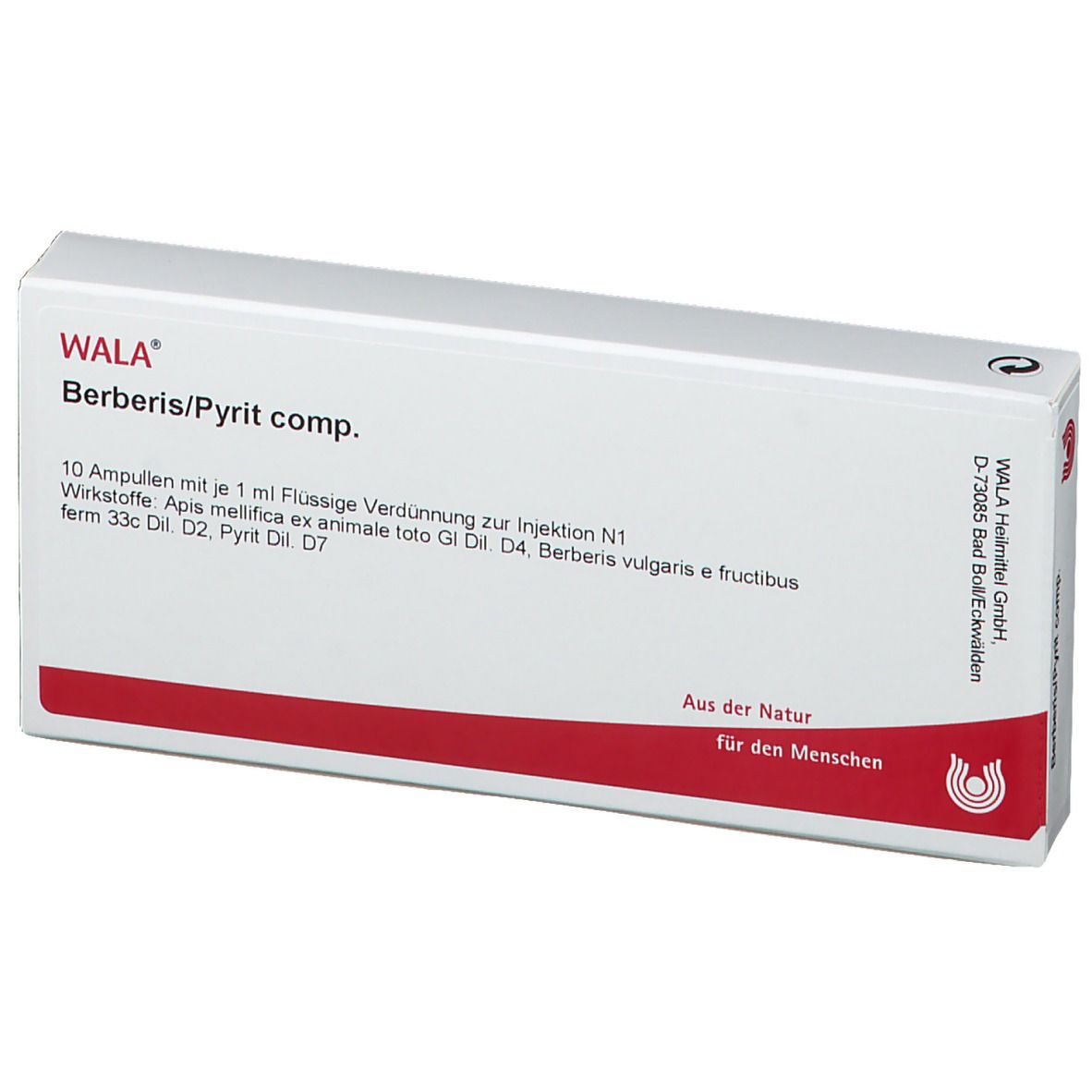 Weiße Schachtel mit rotem Streifen. Aufschrift: WALA Berberis/Pyrit comp. 10 Ampullen. Logo.