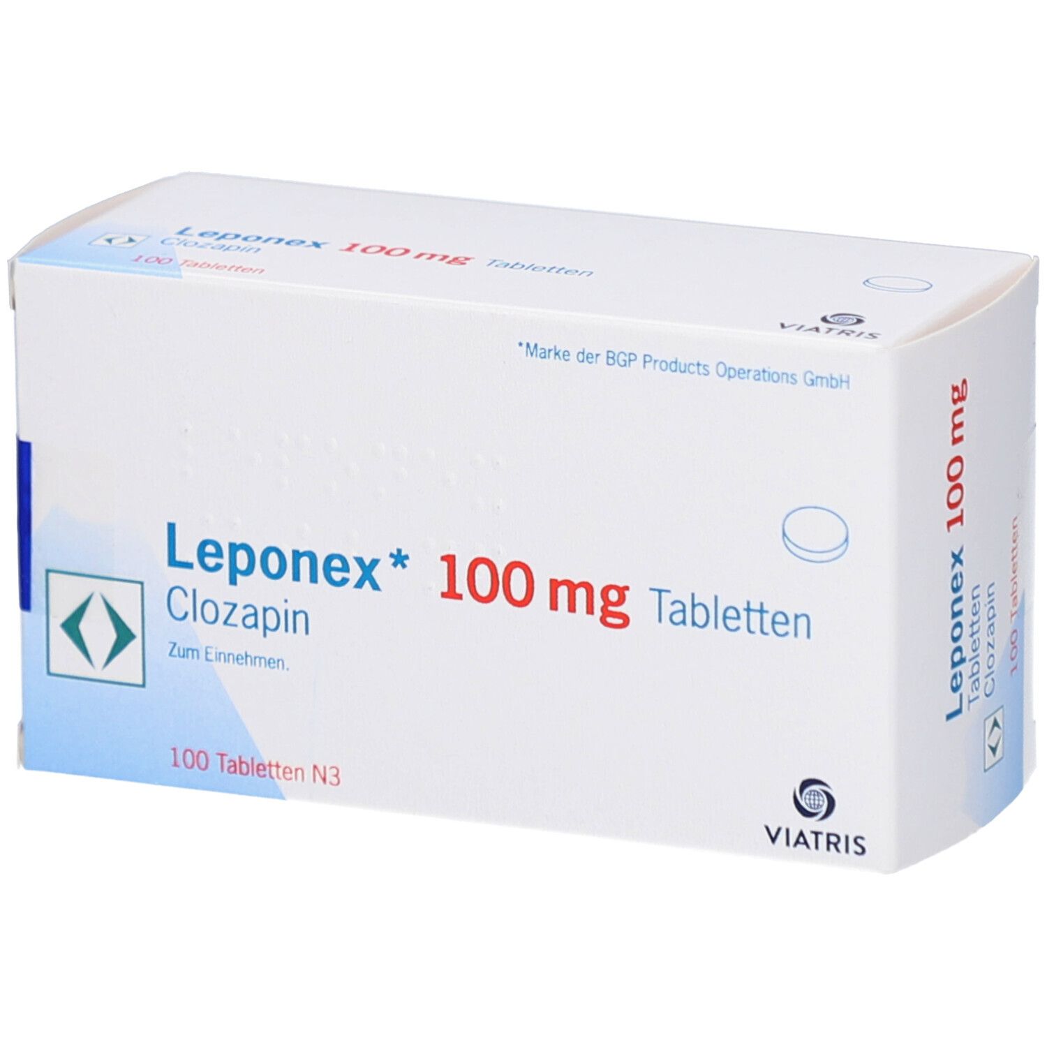 Schachtel mit Leponex 100 mg Tabletten. Aufschrift: Leponex, 100 mg, Tabletten, Clozapin. 100 Tabletten N3. Viatris Logo.