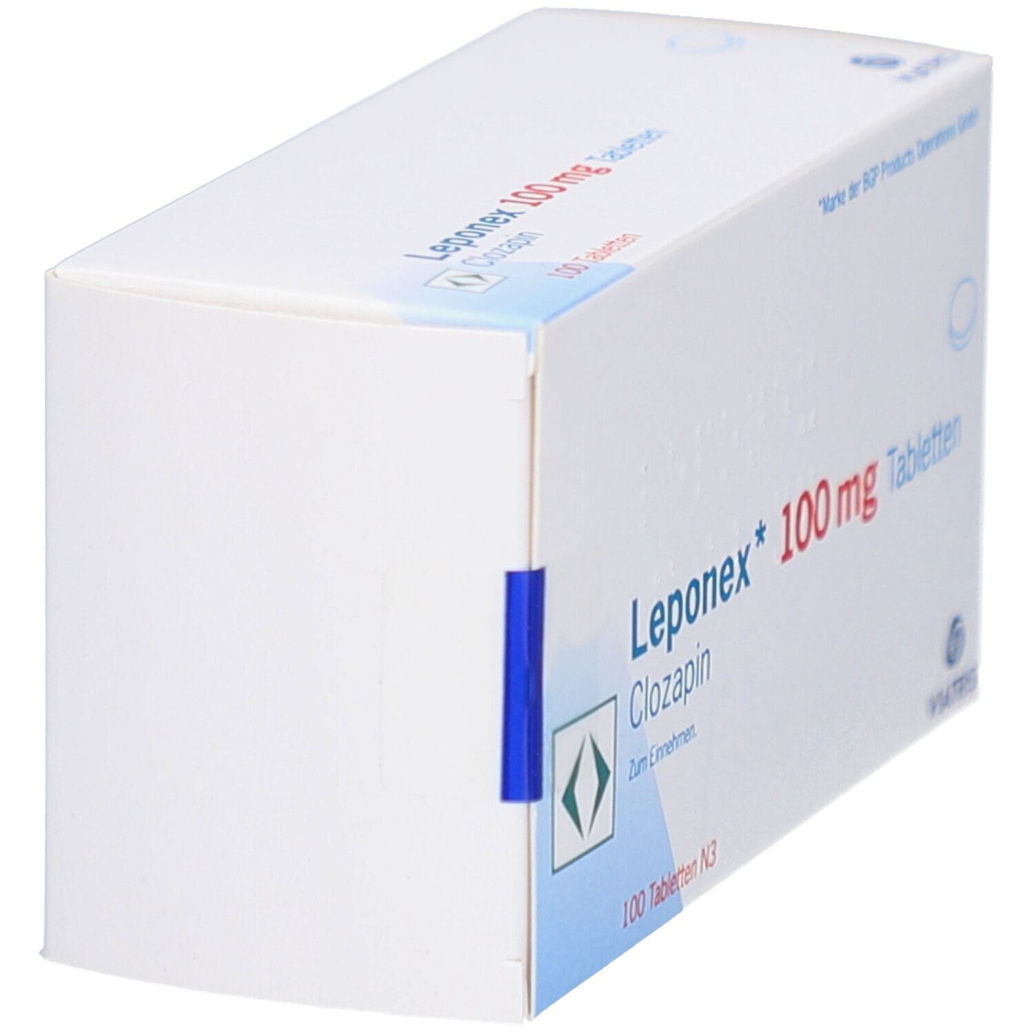 Weiße Schachtel mit Leponex 100 mg Tabletten. Aufschrift: Leponex, 100 mg, Tabletten, Clozapin. Blaue Markierung.
