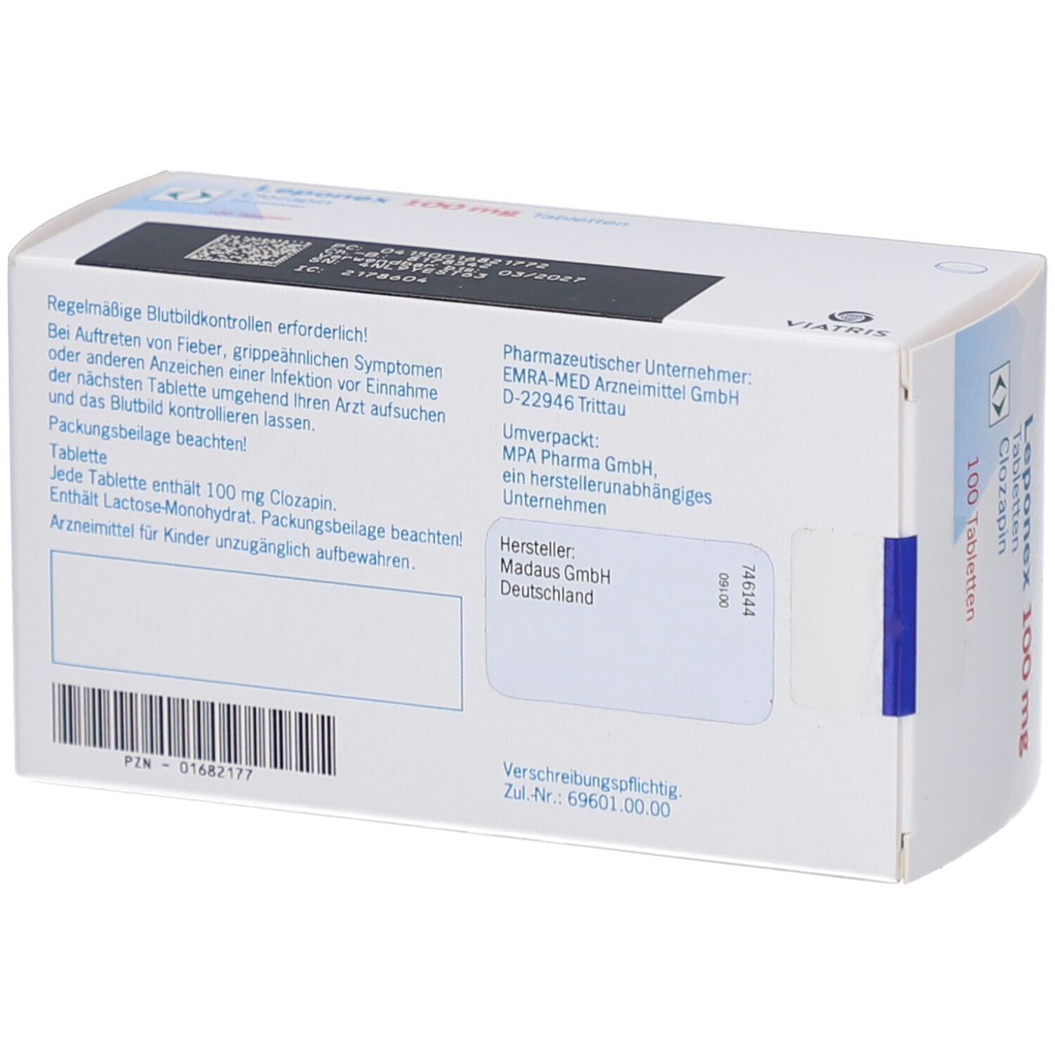 Rückseite der Schachtel mit Leponex 100 mg Tabletten. Text: Regelmäßige Blutkontrollen erforderlich. Hersteller: Madaus GmbH.