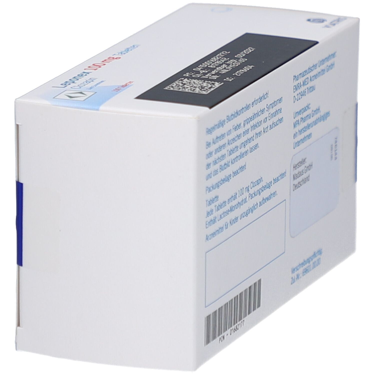 Seite der Schachtel mit Leponex 100 mg Tabletten. Text: Regelmäßige Blutkontrollen erforderlich. Hersteller: Madaus GmbH.