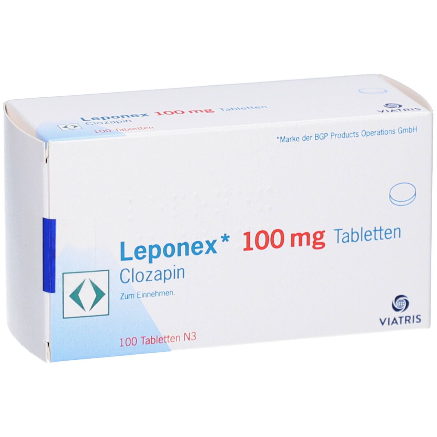 Schachtel mit Leponex 100 mg Tabletten. Aufschrift: Leponex, 100 mg, Tabletten, Clozapin. Viatris Logo. Blaue Markierung.