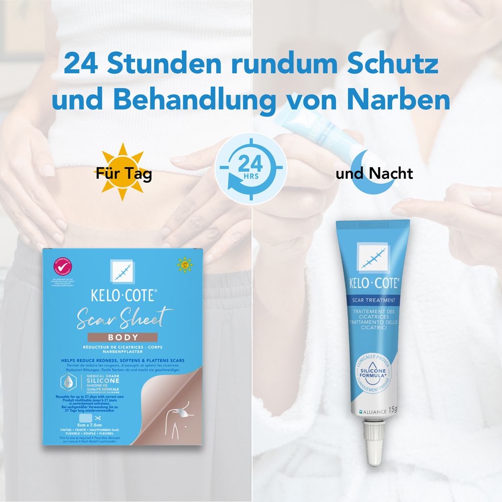 Kelo-cote Narbenbehandlung. 24 Stunden Schutz. Gel und Pflaster. Für Tag und Nacht.