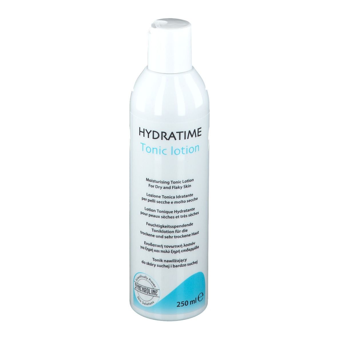 Weiße Flasche mit weißem Deckel. Aufschrift HYDRATIME Tonic lotion. Für trockene Haut. 250 ml.