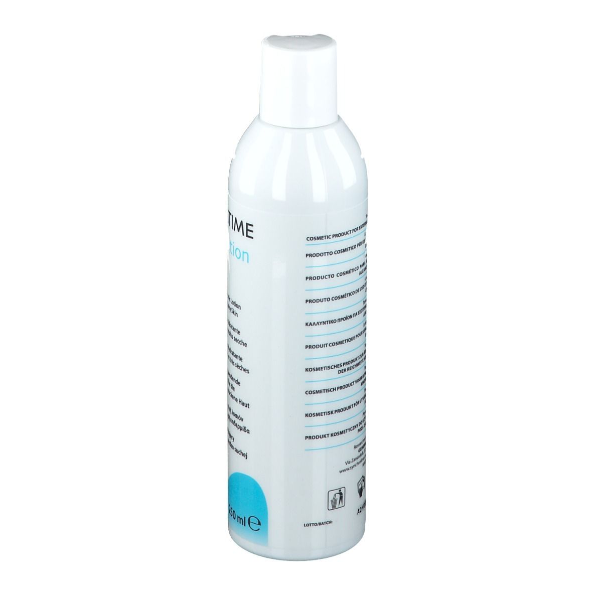 Weiße Flasche mit weißem Deckel. Aufschrift HYDRATIME Tonic lotion. Rückseite mit Text in mehreren Sprachen.