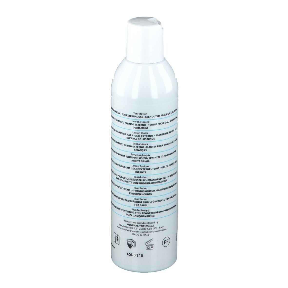 Weiße Flasche mit weißem Deckel. Rückseite mit Text in mehreren Sprachen. Warnhinweise und Herstellerinformationen.