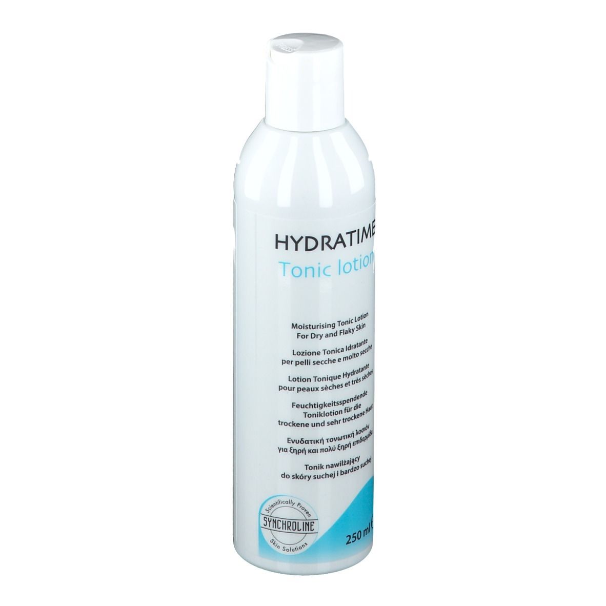 Weiße Flasche mit weißem Deckel. Aufschrift HYDRATIME Tonic lotion. Für trockene Haut. 250 ml.