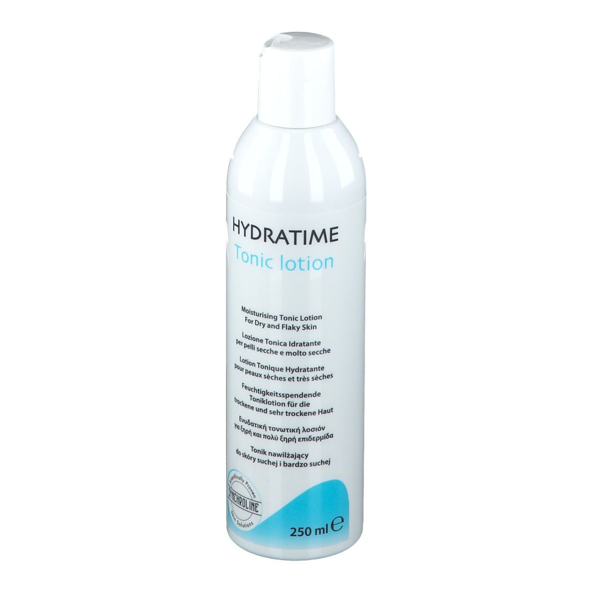 Weiße Flasche mit weißem Deckel. Aufschrift HYDRATIME Tonic lotion. Für trockene Haut. 250 ml.