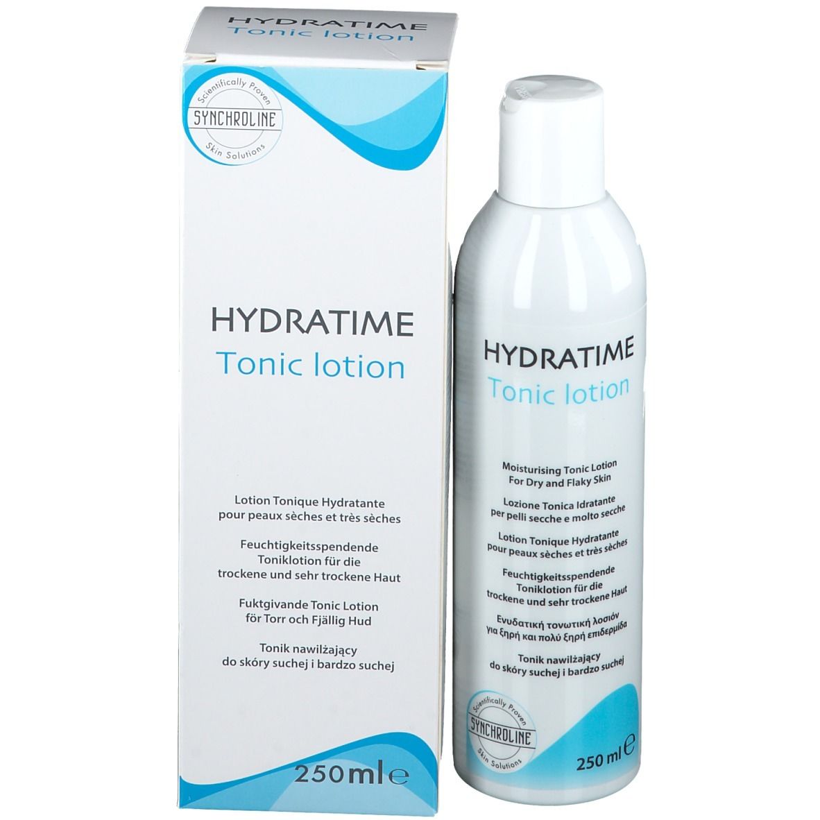 Flasche und Verpackung. Flasche: weiß, Deckel weiß. Verpackung: weiß, blau. Aufschrift HYDRATIME Tonic lotion. 250 ml.