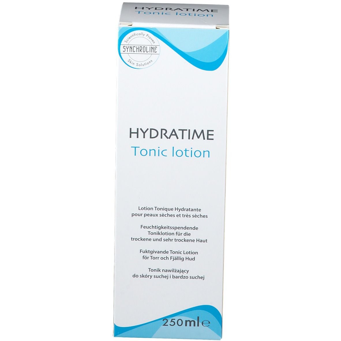 Verpackung. Weiß mit blauen Wellen. Aufschrift HYDRATIME Tonic lotion. 250 ml.