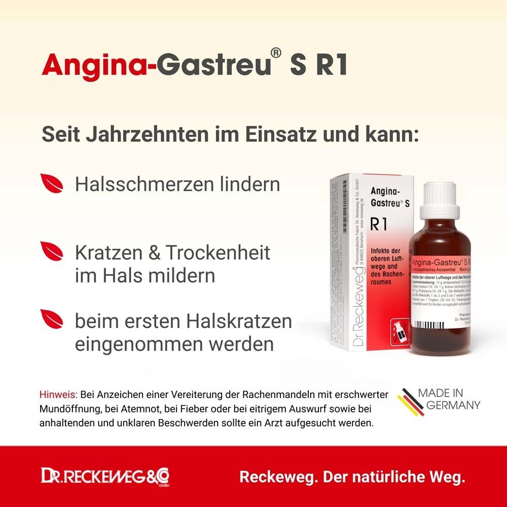 Text mit roten Akzenten. Angina-Gastreu® S R1. Lindert Halsschmerzen, mildert Kratzen & Trockenheit, bei Halsschratzen einnehmen. Made in Germany.