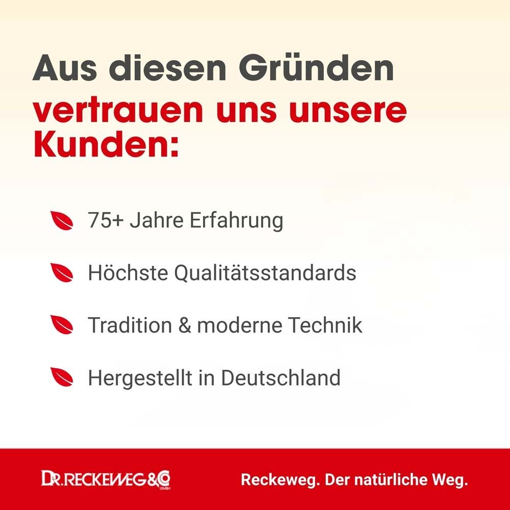 Text mit roten Akzenten. 75+ Jahre Erfahrung. Höchste Qualitätsstandards. Tradition & moderne Technik. Hergestellt in Deutschland. Dr. Reckeweg.
