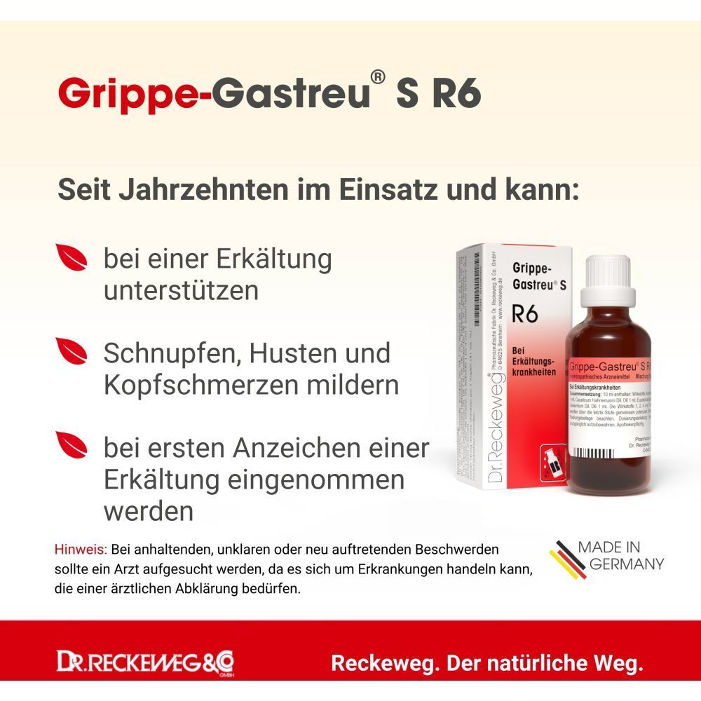 Packung und Flasche Grippe-Gastreu S R6, Made in Germany.