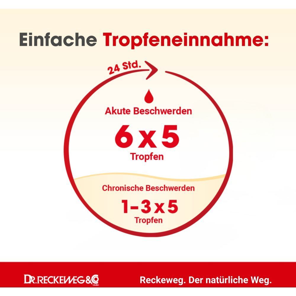 Einnahmeempfehlung: Akute Beschwerden 6x5 Tropfen, chronische Beschwerden 1-3x5 Tropfen.
