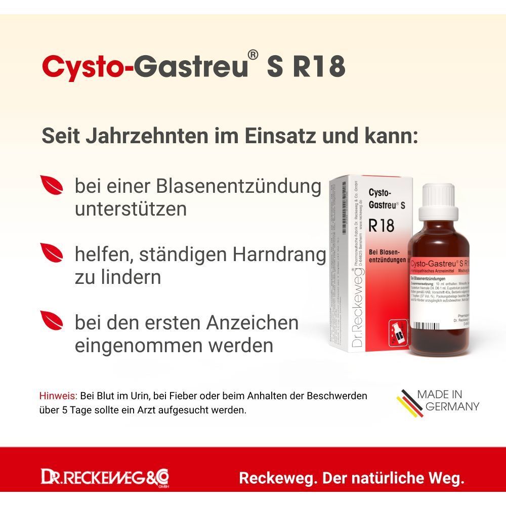 Packung und Flasche "Aurum-Gastreu® S R2". Text: "Seit Jahrzehnten im Einsatz und kann: bei nervösen Herzbeschwerden unterstützen, nervös bedingtes Herzklopfen und Stechen mildern". "Made in Germany".