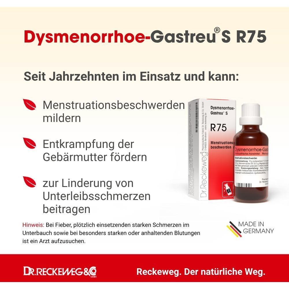 Produktinformationen zu Dysmenorrhoe-Gastreu S R75 Tropfen mit Anwendungsgebieten und "Made in Germany" Siegel.