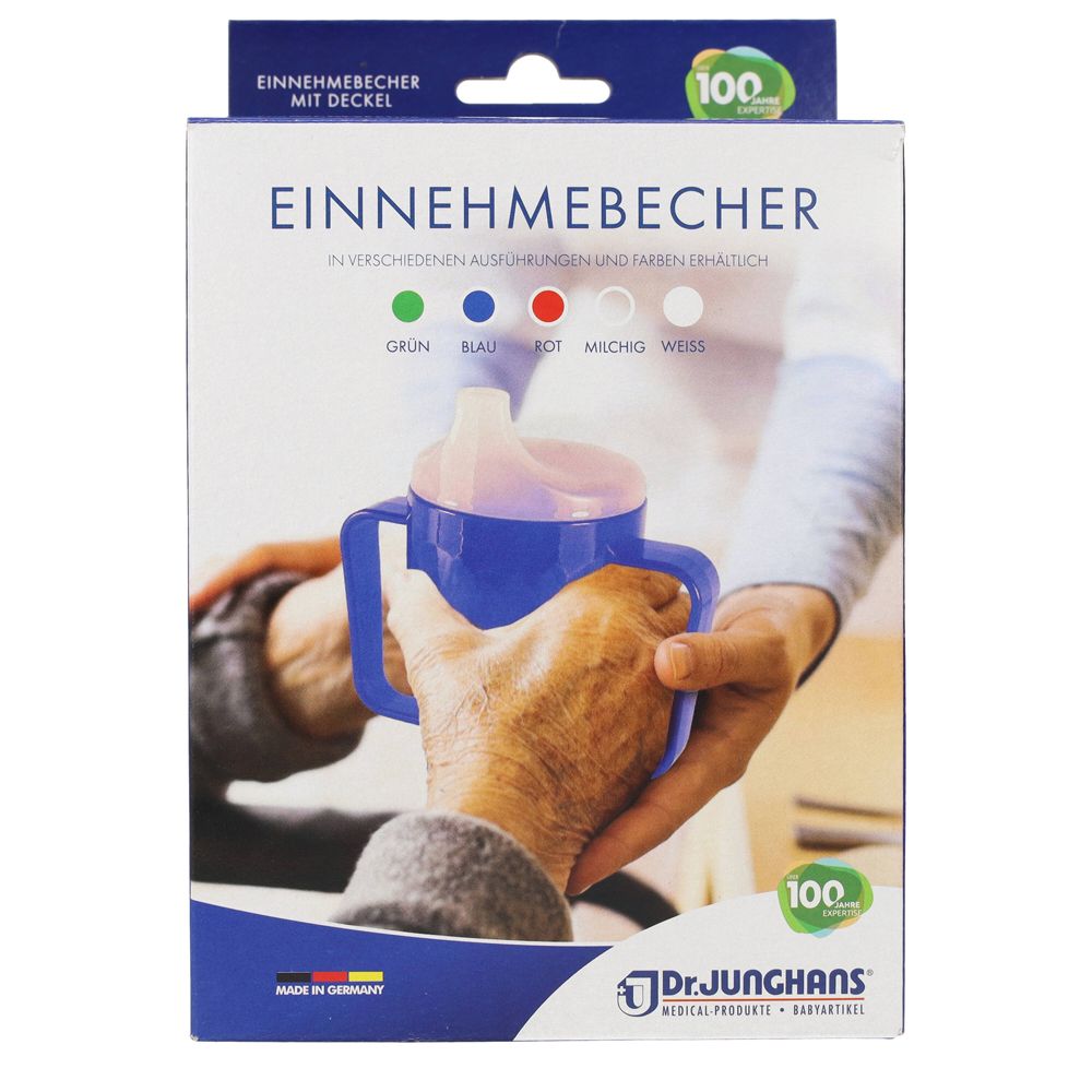 Verpackung mit blauem Trinkbecher mit Deckel. Farben: Grün, Blau, Rot, Milchig, Weiß. Marke: Dr. Junghans.