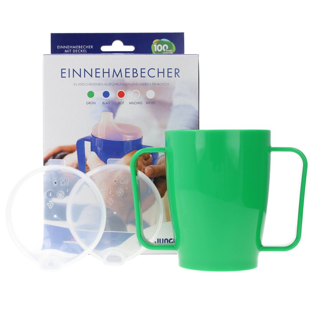 Grüner Becher mit zwei Griffen und Deckel. Verpackung mit Produktabbildung und Farbauswahl. Marke: Dr. Junghans.