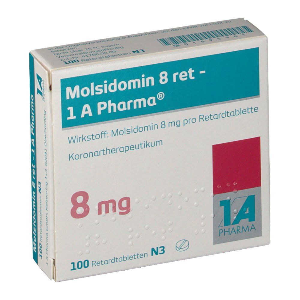 Schachtel mit Molsidomin 8 ret - 1 A Pharma. Aufschrift: 8 mg, 100 Retardtabletten N3. Türkis, weiß und rot.