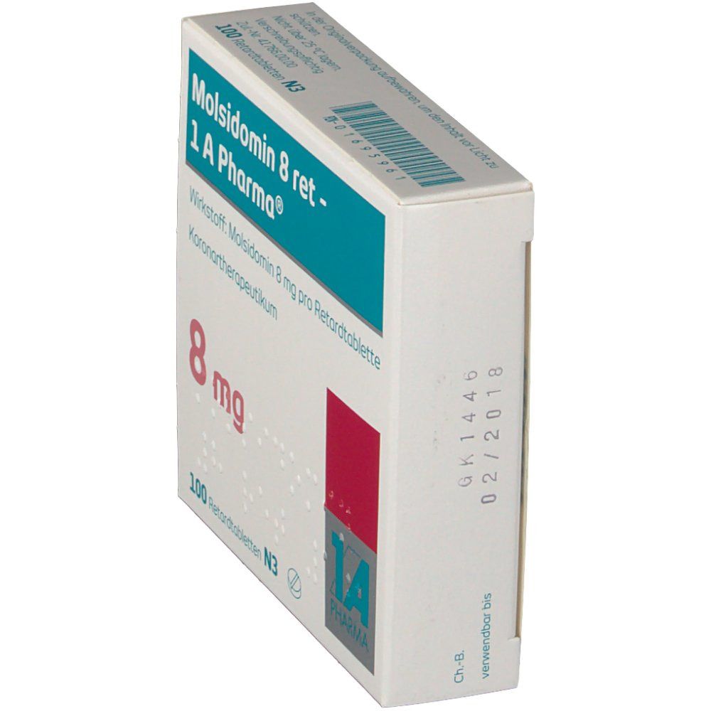 Schachtel Molsidomin 8 ret - 1 A Pharma. Seitenansicht. Aufschrift: 8 mg, 100 Retardtabletten N3. Türkis, weiß und rot.