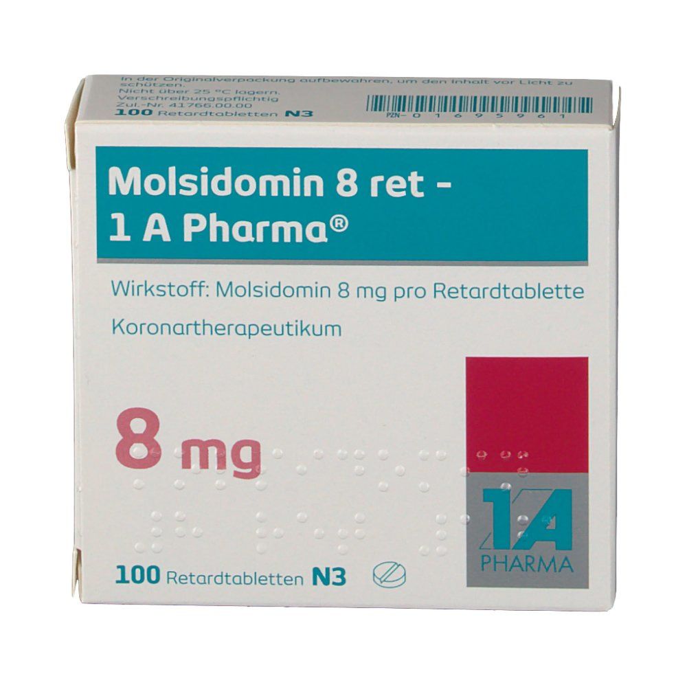Schachtel Molsidomin 8 ret - 1 A Pharma. Aufschrift: 8 mg, 100 Retardtabletten N3. Türkis, weiß und rot.