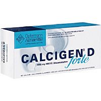 Weiße Schachtel mit blauer Schrift. Aufschrift: CALCIGEN D forte, 1000 mg/880 I.E. Brausetabletten. Optomann Arzneimittel.