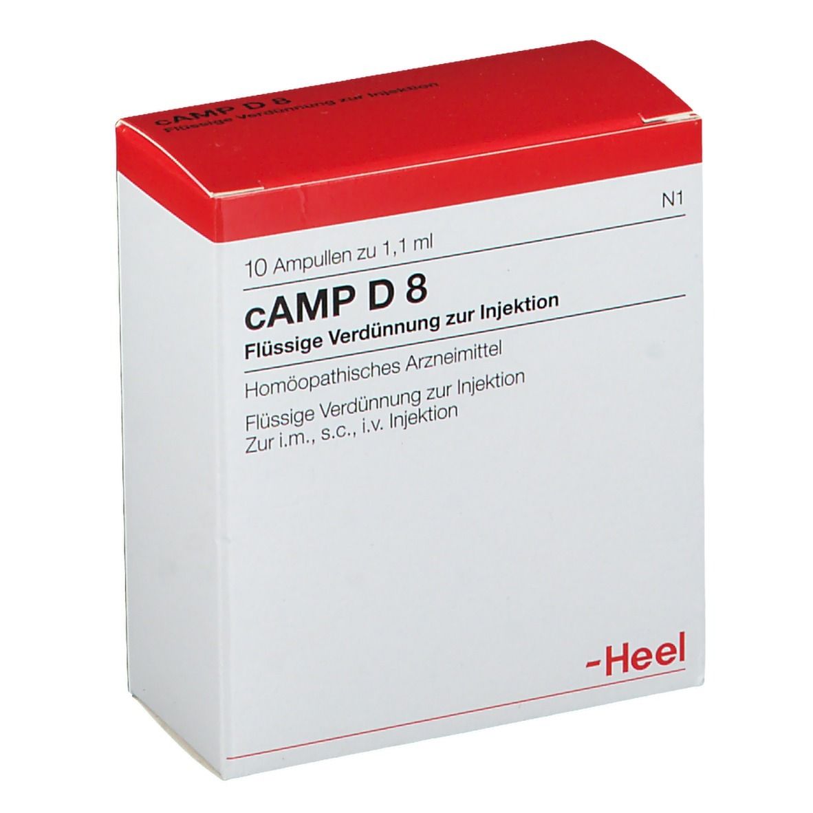 Weiße Schachtel mit rotem Deckel. Aufschrift: cAMP D 8, 10 Ampullen. Marke: Heel.