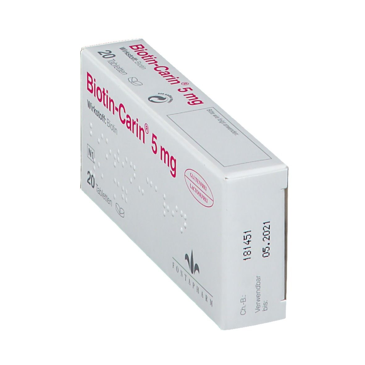 Schachtel "Biotin-Carin 5 mg". Enthält 20 Tabletten. Glutenfrei, laktosefrei. Verfallsdatum: 05.2021. Marke: Fontapharm.