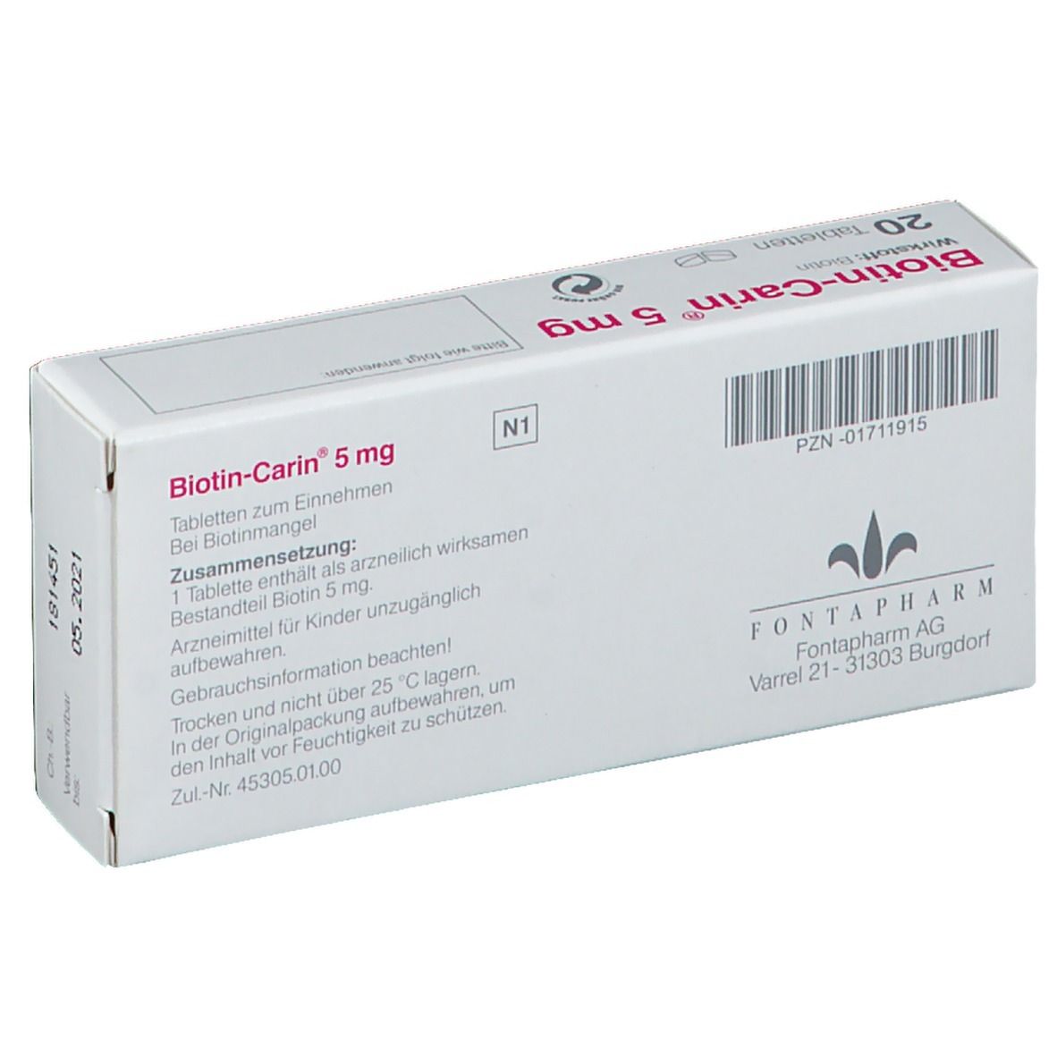 Rückseite der Schachtel "Biotin-Carin 5 mg". Enthält 20 Tabletten. Marke: Fontapharm. PZN-01711915.