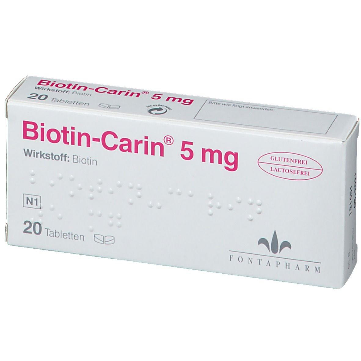Weiße Schachtel mit "Biotin-Carin 5 mg". Enthält 20 Tabletten. Glutenfrei und laktosefrei. Marke: Fontapharm.