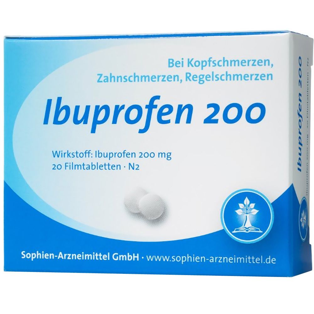 Schachtel mit Ibuprofen 200 Filmtabletten. Aufschrift: Bei Kopfschmerzen, Zahnschmerzen, Regelschmerzen. 20 Filmtabletten.