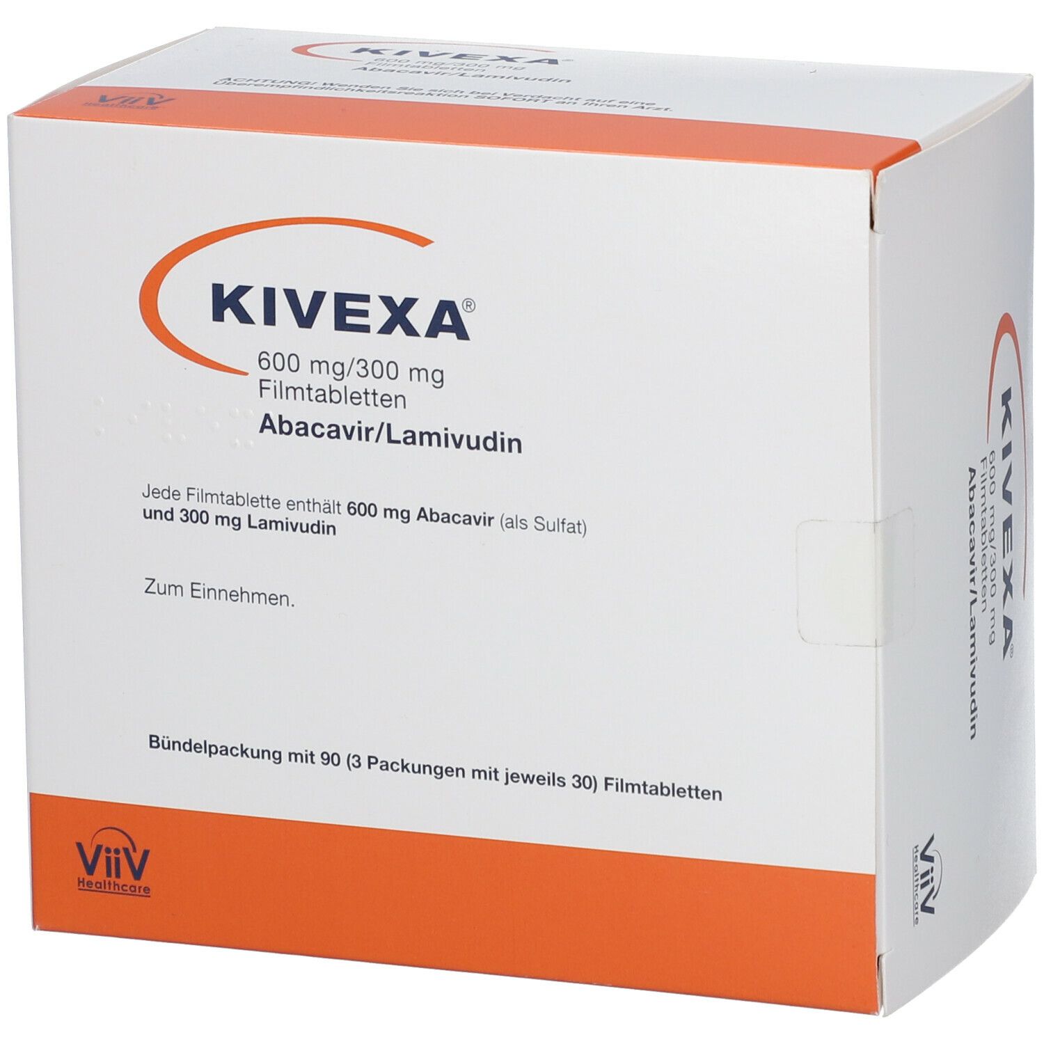 KIVEXA Filmtabletten-Packung. Orange-weißes Design. Enthält 90 Tabletten in 3 Packungen. Aufschrift: Abacavir/Lamivudin.