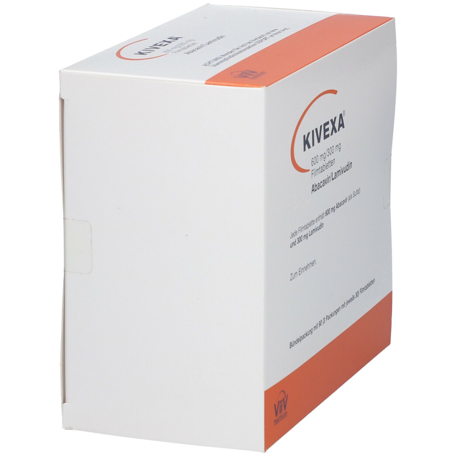 KIVEXA Filmtabletten-Packung, schräg. Orange-weißes Design. Aufschrift: Abacavir/Lamivudin. ViiV Healthcare Logo.