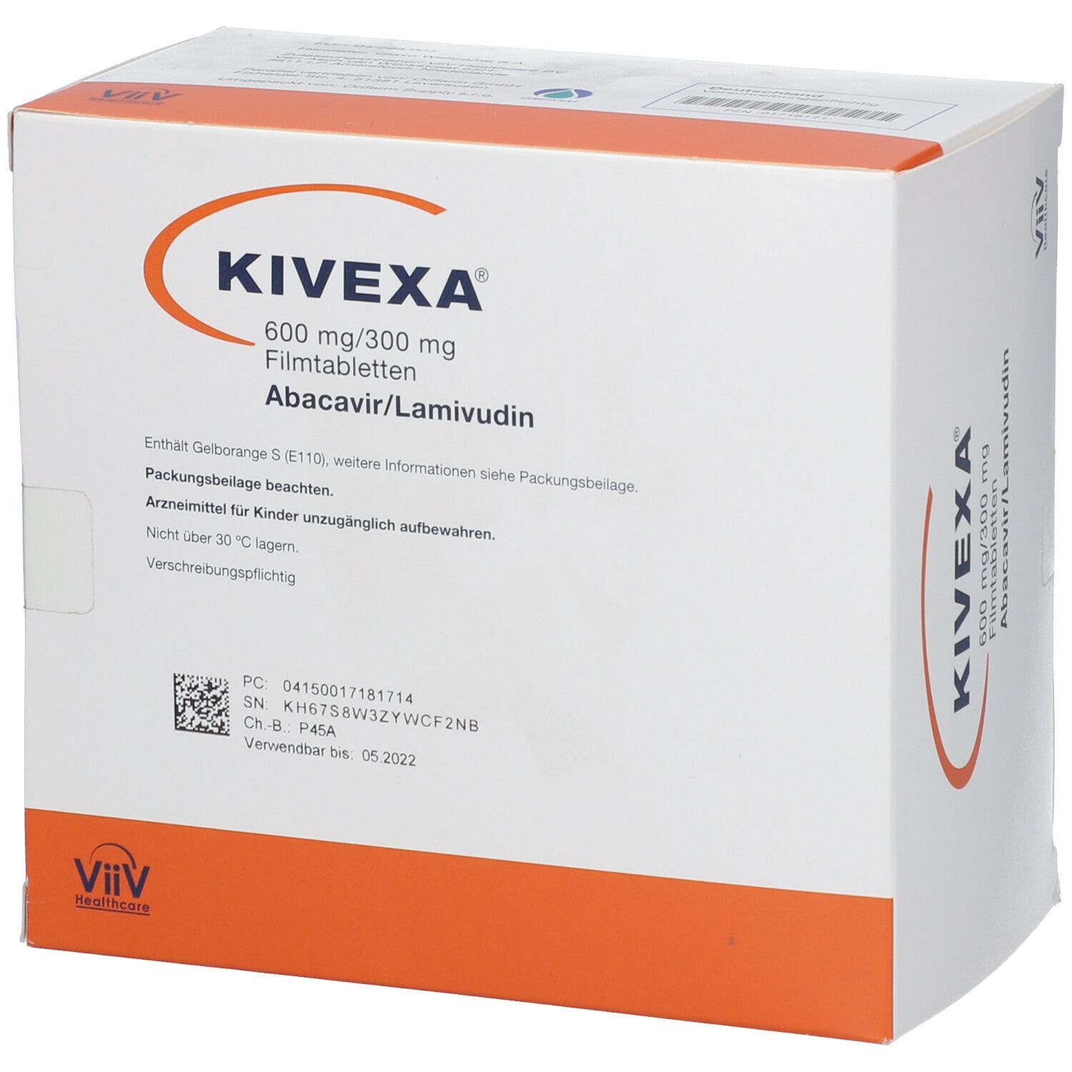 KIVEXA Filmtabletten-Packung. Orange-weißes Design. Aufschrift: Abacavir/Lamivudin. Enthält Informationen und Chargennummer.