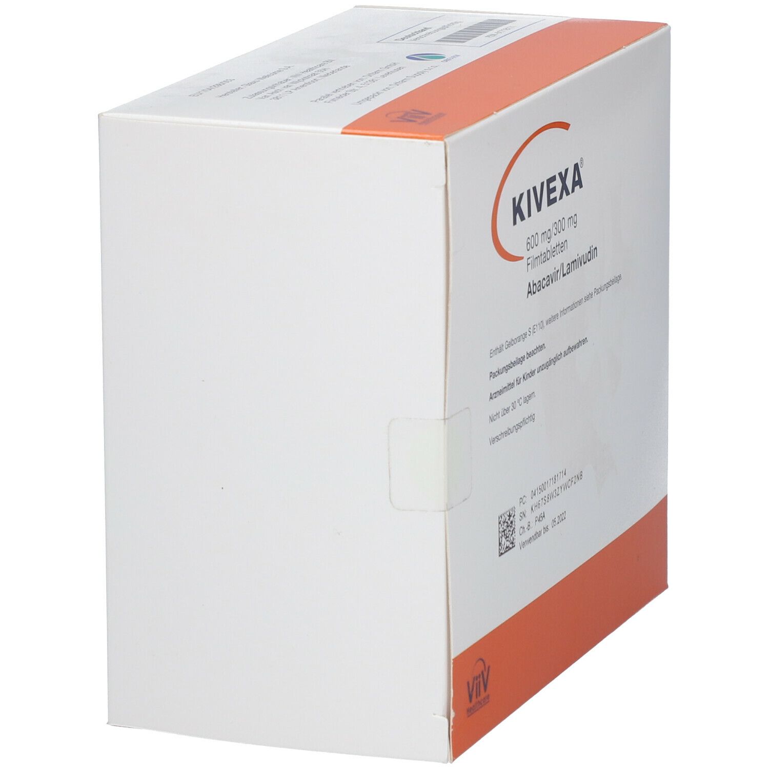 KIVEXA Filmtabletten-Packung, schräg. Orange-weißes Design. Aufschrift: Abacavir/Lamivudin. ViiV Healthcare Logo.