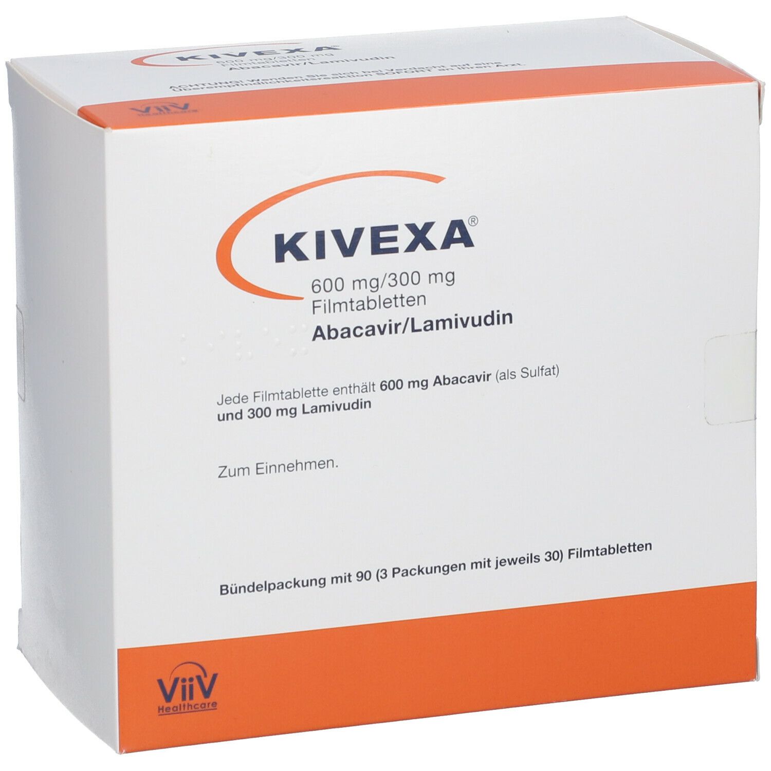 KIVEXA Filmtabletten-Packung. Orange-weißes Design. Aufschrift: Abacavir/Lamivudin. ViiV Healthcare Logo.