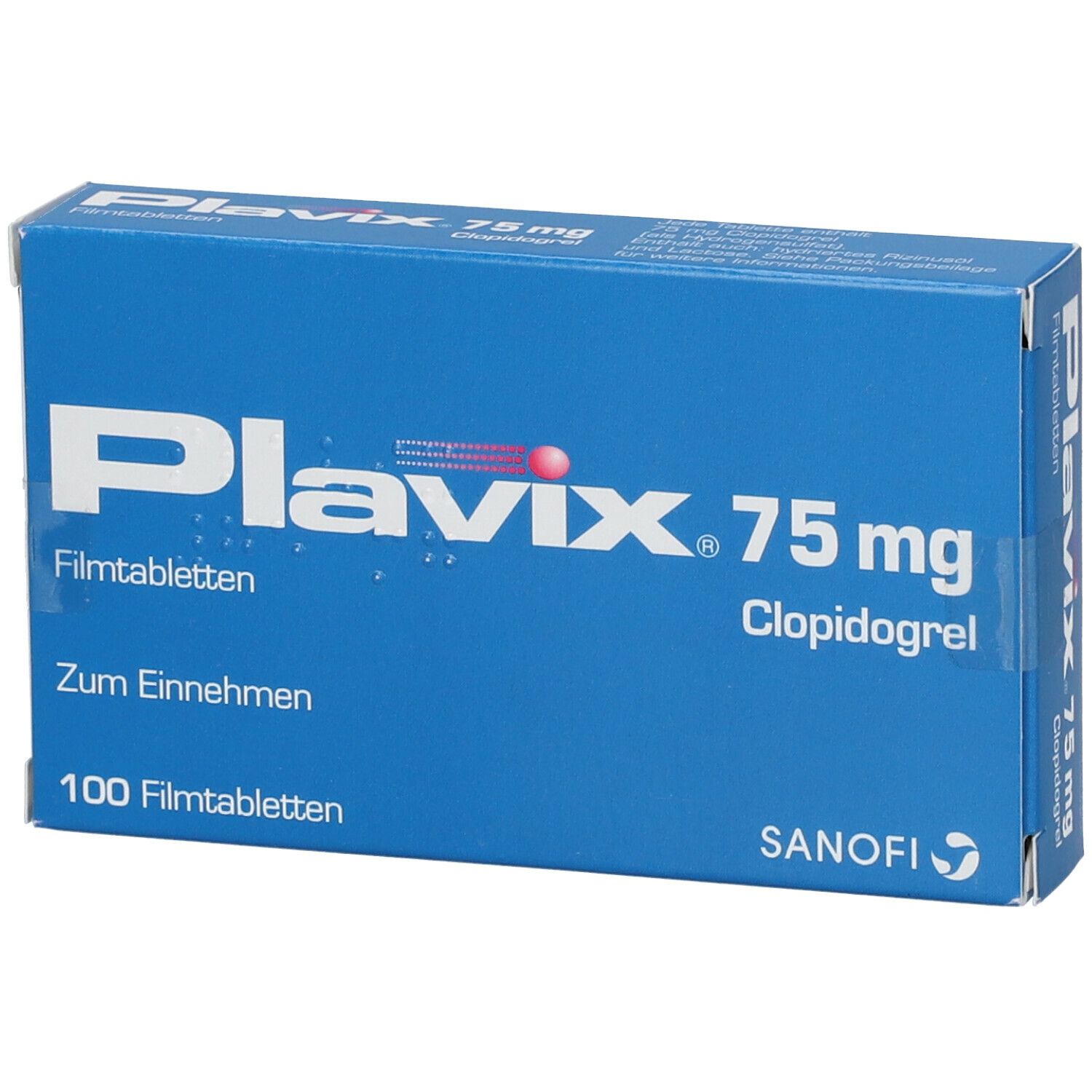 Blau-weiße Schachtel mit Aufschrift Plavix 75 mg, Clopidogrel, Filmtabletten. Sanofi-Logo.