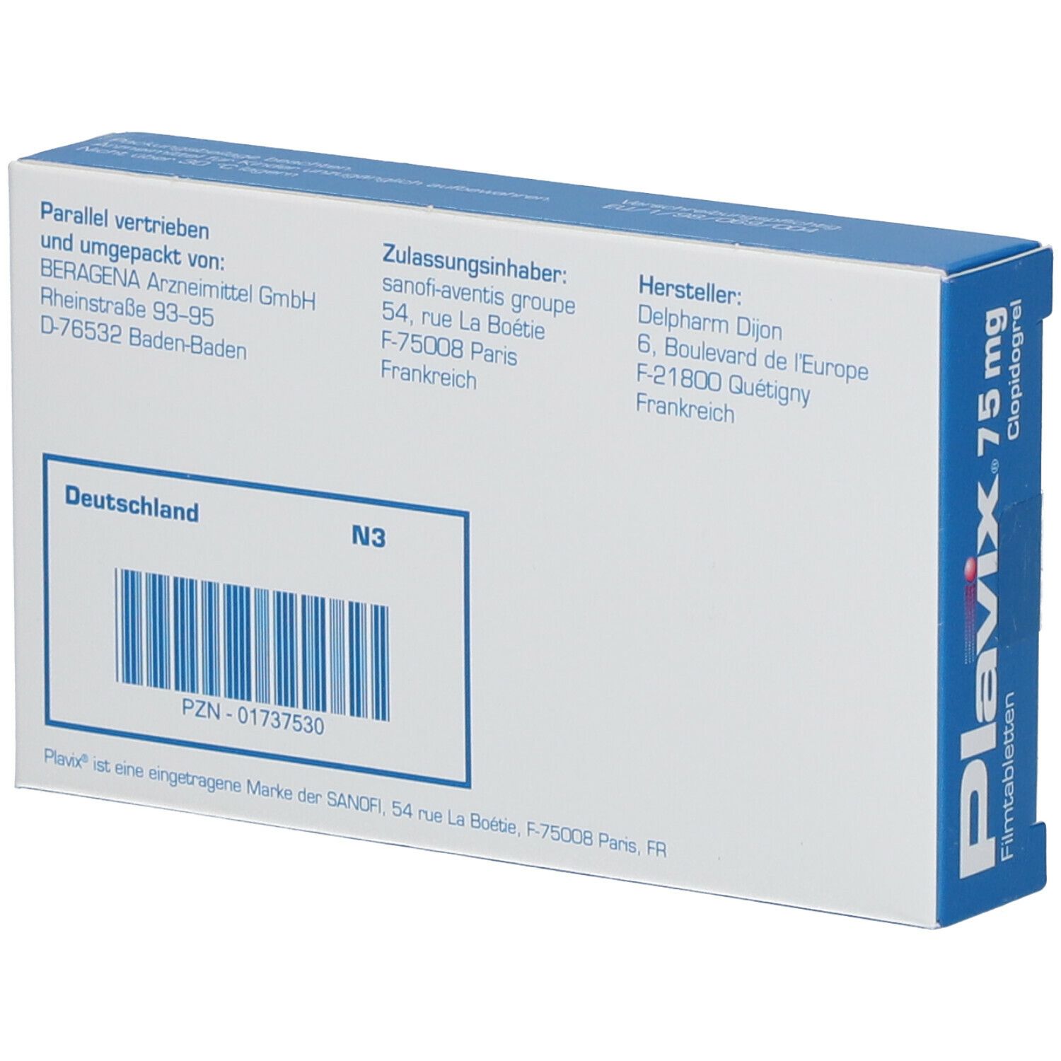 Rückseite der Plavix-Schachtel. Text: Hersteller, Zulassungsinhaber, Vertrieb, Barcode, PZN-Nummer.