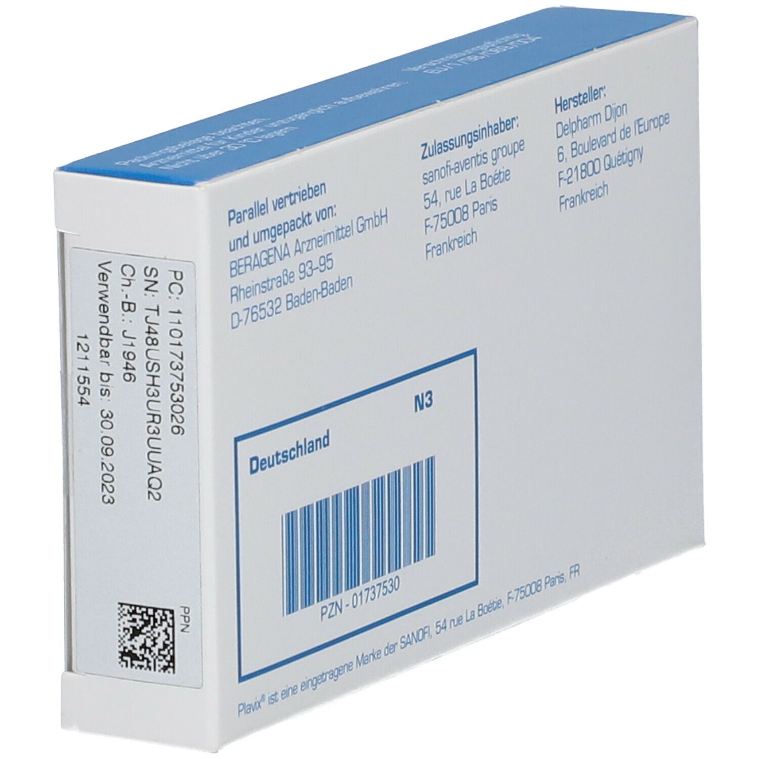Rückseite der Plavix-Schachtel. Barcode, PZN-Nummer, Verfallsdatum, Chargennummer, Herstellerinformationen.