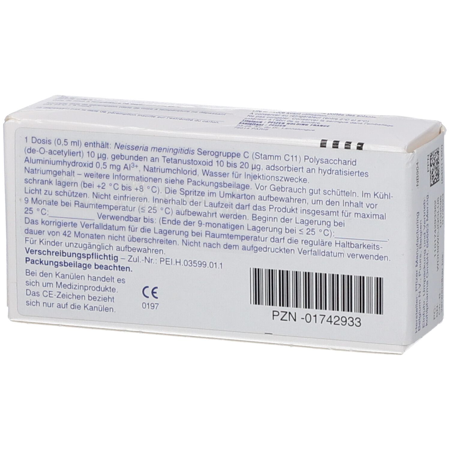 Rückseite des Neisvac-C-Kartons. Text mit Inhaltsstoffen und Verfallsdatum. CE-Zeichen.