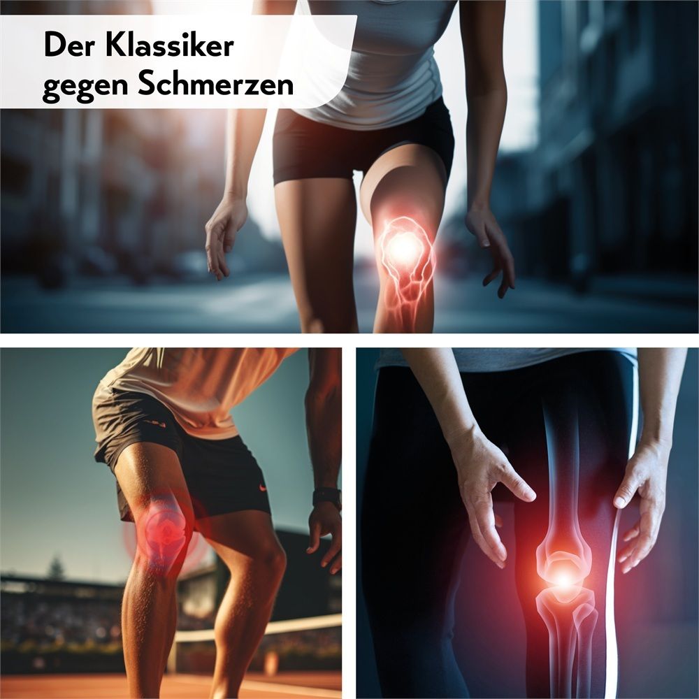 Collage: Kniegelenke mit Schmerzmarkierung, Läufer, Tennisspieler.