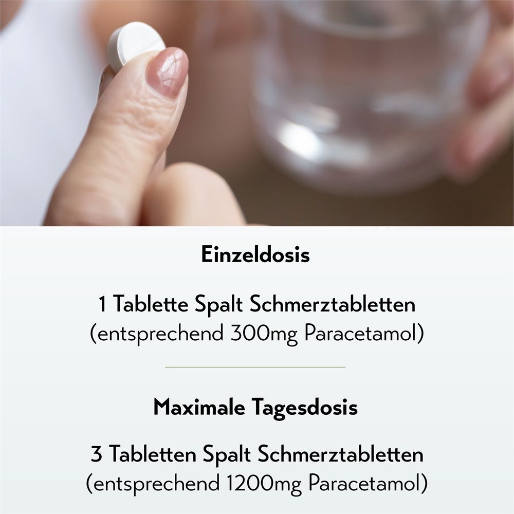 Hand hält Tablette, Glas Wasser im Hintergrund, Dosierungsangaben.