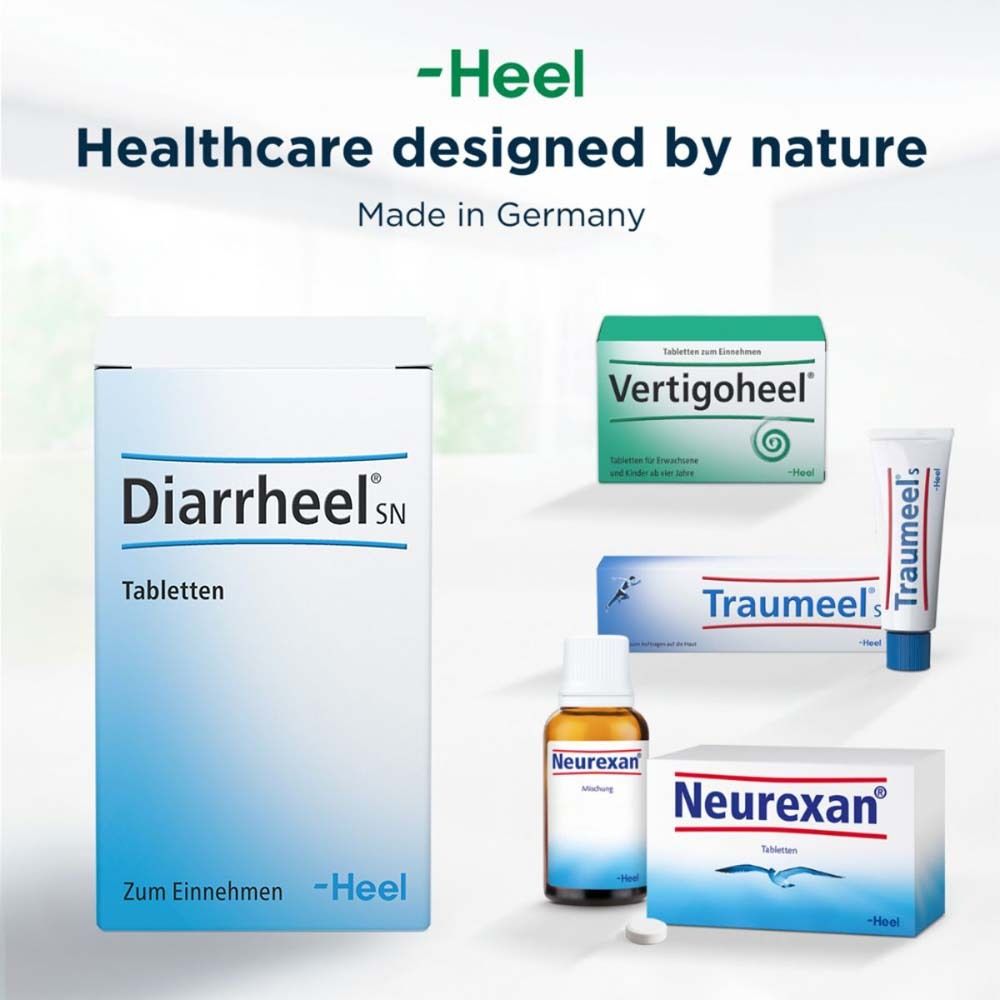 Produktabbildung von Heel-Produkten, darunter Diarrheel SN Tabletten, Vertigoheel, Traumeel.