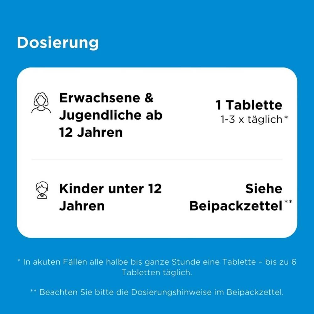 Blaue Infografik: Dosierung für Erwachsene, Jugendliche und Kinder unter 12 Jahren.