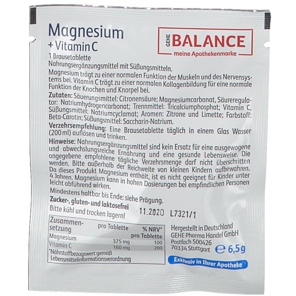 Weiße Verpackung mit Aufdruck. Enthält Magnesium + Vitamin C. Text: GEHE BALANCE, 1 Brausetablette, Zutaten, Verzehrsempfehlung, Mindesthaltbarkeit.