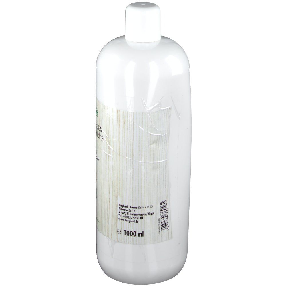 Weißliche Flasche mit weißem Deckel. Aufschrift: Bergland Sauna-Aufguss Nordische Fichte. Volumen: 1000 ml. Barcode.