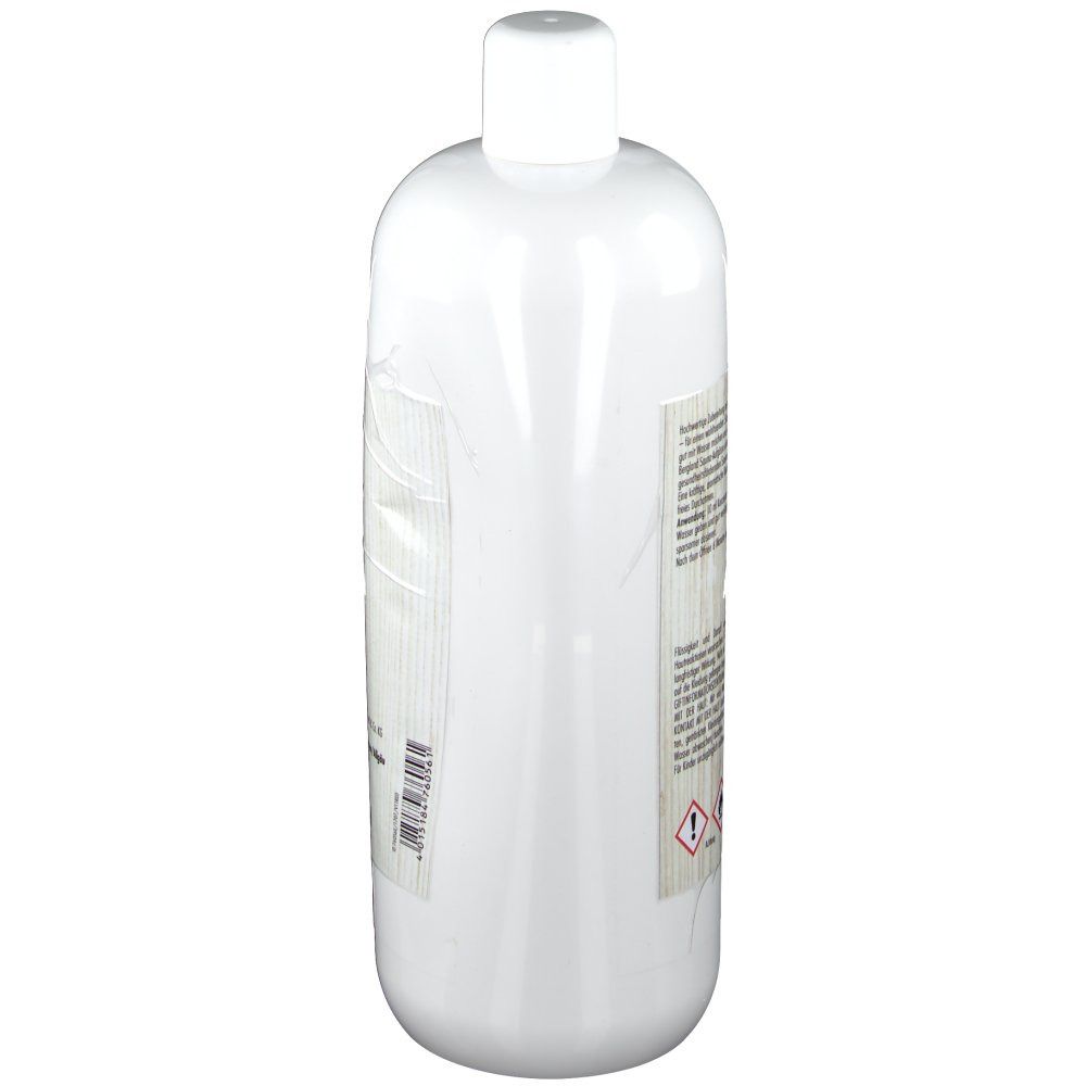 Weißliche Flasche mit weißem Deckel. Etikett mit Text und Warnhinweisen. Barcode.