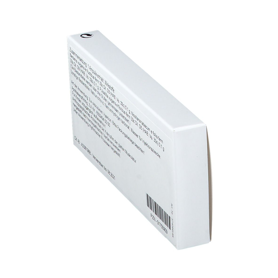 Weiße Schachtel, Rückseite. Text in deutscher Sprache. Barcode und weitere Informationen. Perspektivische Ansicht.