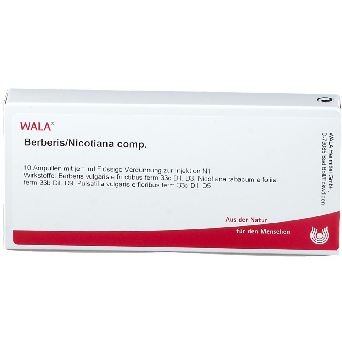 Weiße Schachtel mit rotem Streifen. Aufschrift: WALA® Berberis/Nicotiana comp. 10 Ampullen. Text in deutscher Sprache.